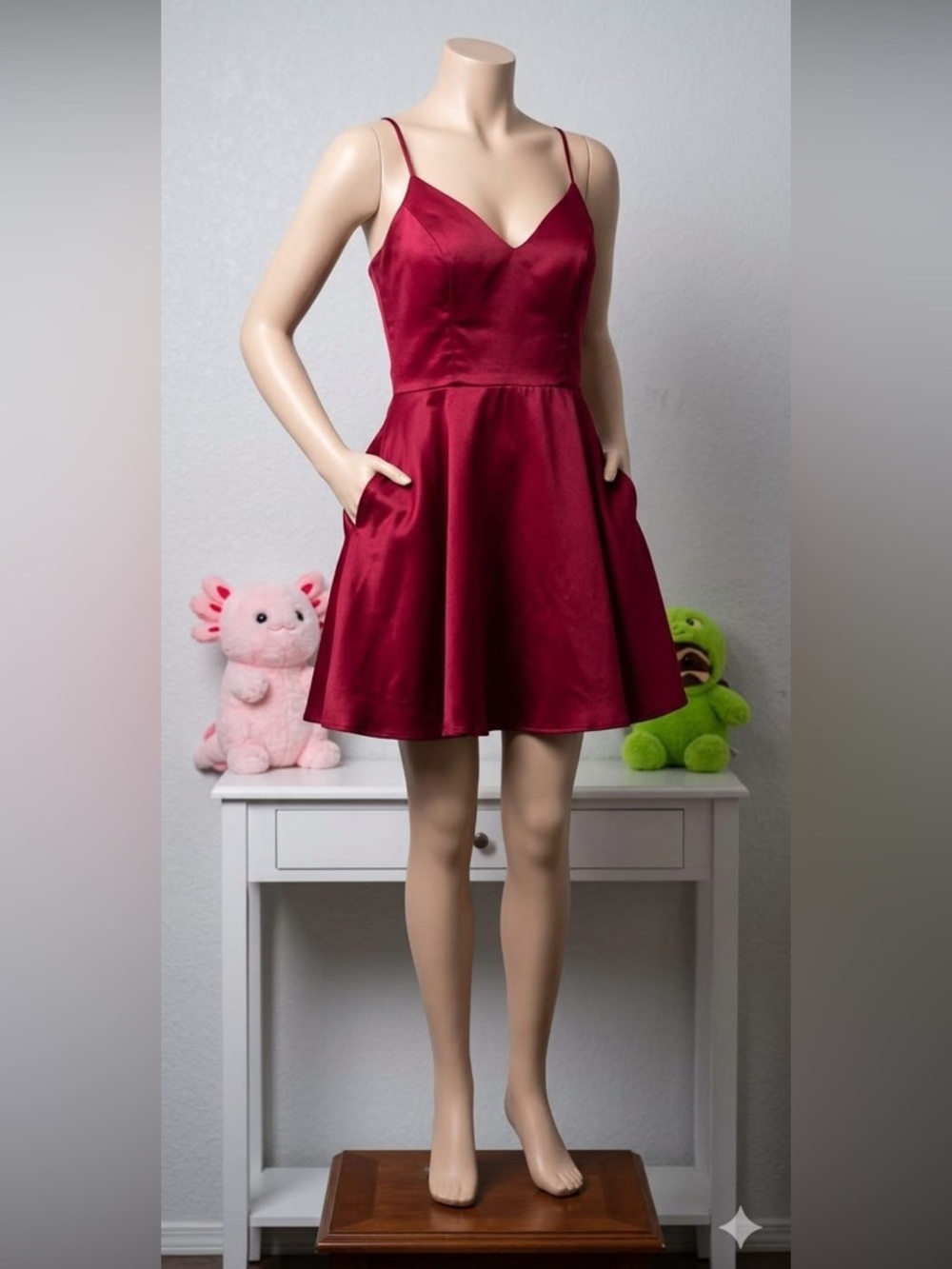 Windsor Fuchsia Satin V-Neck Spaghetti Strap Dress